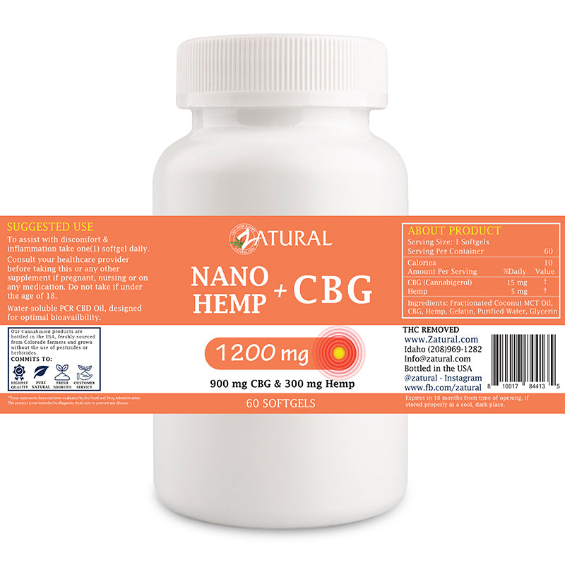 Zatural Nano Hemp + CBG Softgels 1200mg label