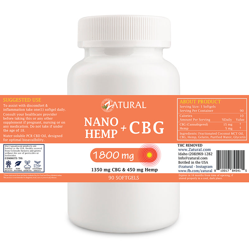 Zatural Nano Hemp + CBG Softgels 1800mg label