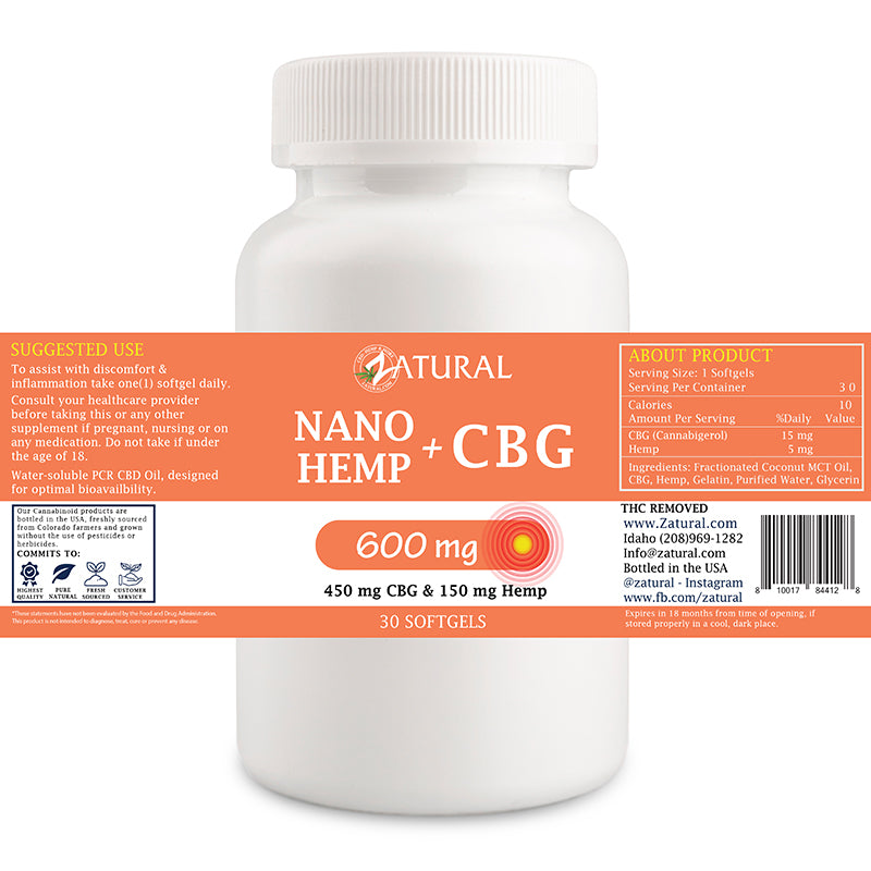 Zatural Nano Hemp + CBG Softgels 600mg label